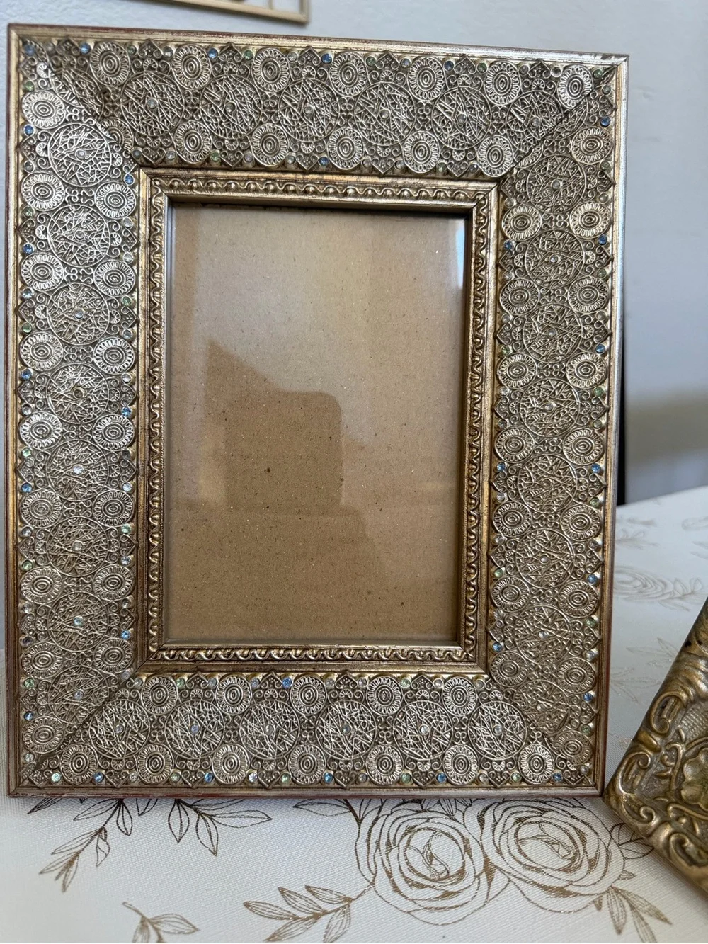 Set of 3 Vintage Style Gold Picture Frames – Embossed Filigree & Jeweled Rhinest